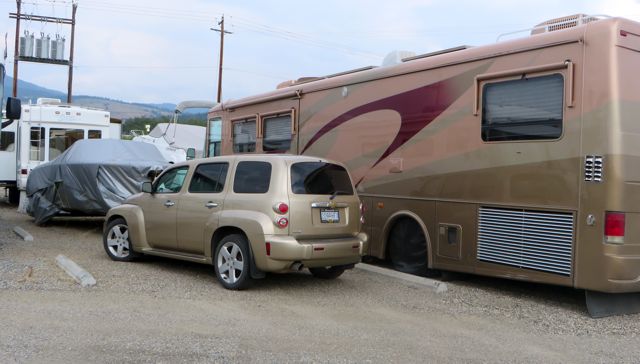 The HHR will remain our tow vehicle to behind the RV to Mexico. For now it rests next to our RV stored in front of our neighbors boat.