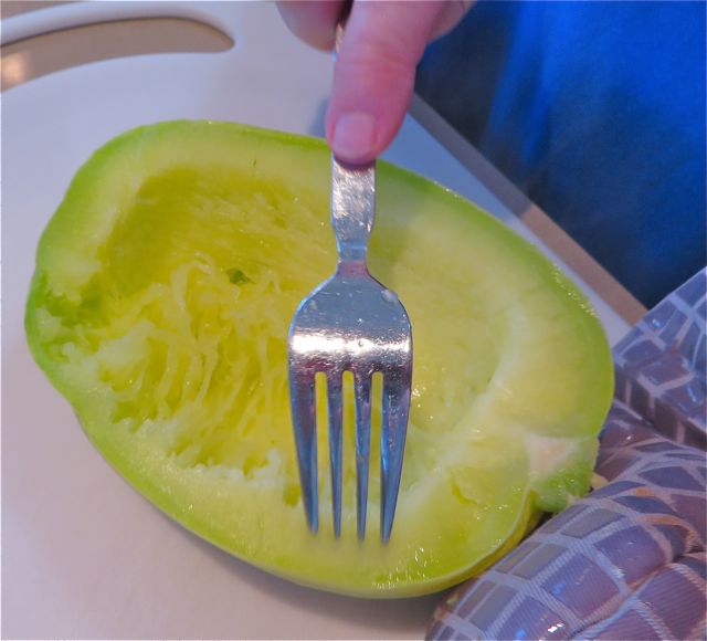 When you take it out of the microwave you then use a fork to gently separate the strands. In a matter of moments you will have spaghetti like strands but all of lovely no fat squash.