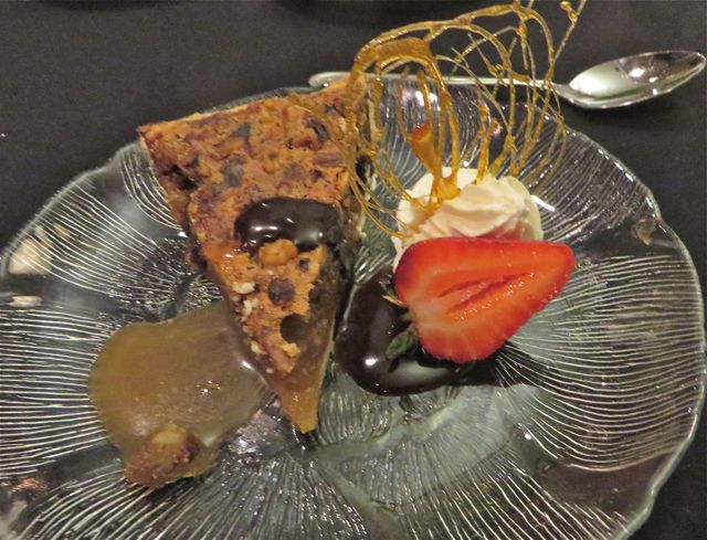 I never asked the name of this dessert creation. Every bite was superb and I even ate those few bits of chocolate even though I am allergic to chocolate. Yummy.