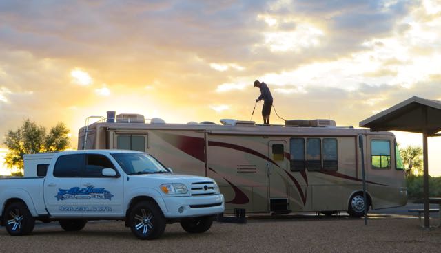 The sun wasn't even over the mountain. He did a great job in just over 2 hours. Well worth the price to get all the bugs off from our trip North to Canada and again through the prairies last June. It needed a cleaning.