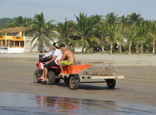 I've seen this team a few times. They are puled by an ATV and go up and down the beach looking for fish along the horizon, they stop and put out their net.