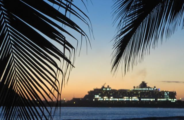 A blurry shot of the Holland America ship heading out. I always love seeing ships pass by that we have sailed on in the olden days....before RV days.