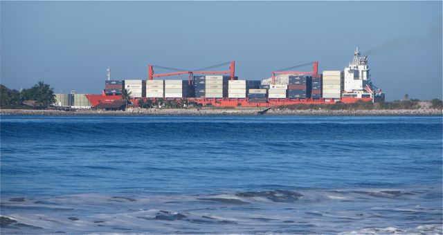 The Mazatlan Port is very busy this year. This freighter is certainly piled high with containers. I wonder what is in them.