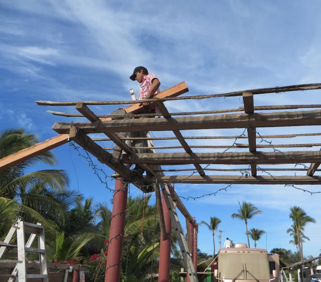 Very late in the afternoon the first of the new beams were put in place.