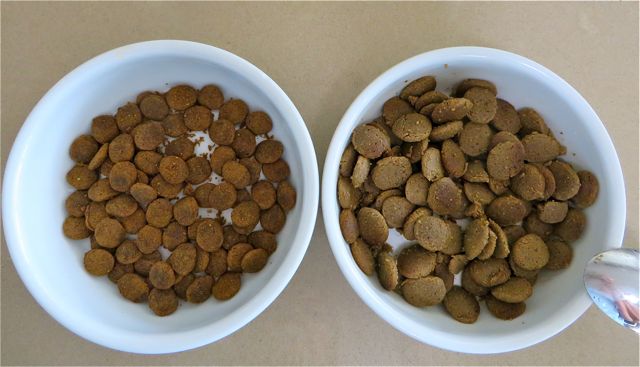 There is the same amoutn of kibble in each bowl, 1/4 cup.