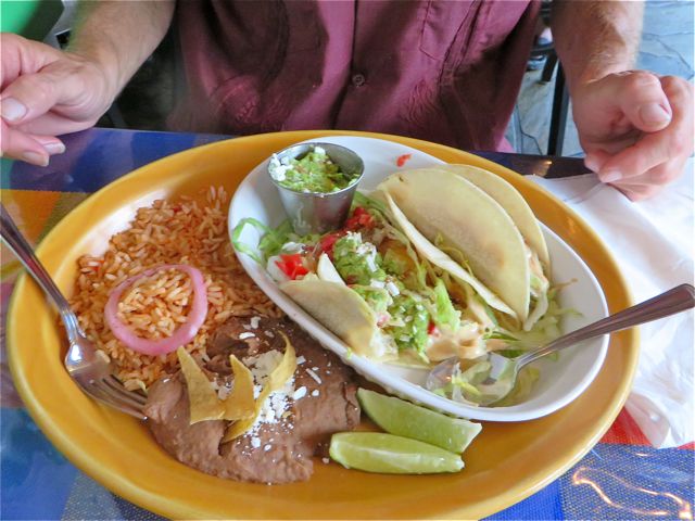 Colin did better with his choice of fish tacos ( snapper ), it has some bite to it. He paid and extra $2.95 for that tiny sliver container of guacamole. The avocado was so hard that you could barely pick it up with a fork. We asked about that an